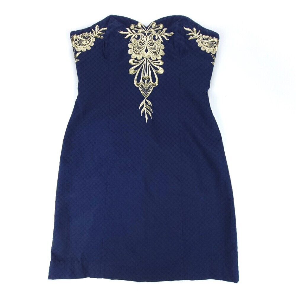 NEW Lilly Pulitzer Demi Gold Embroidered Strapless Convertible Mini Dress 0 Navy